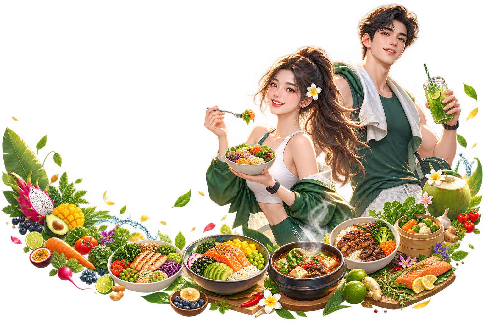 Девушка и парень с полезными блюдами, фруктами и овощами